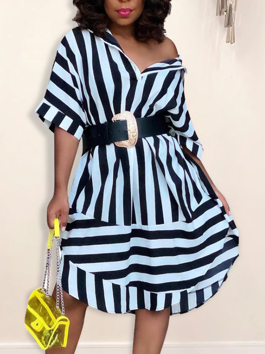 

LW Turndown Collar Striped Dress, Black stripe