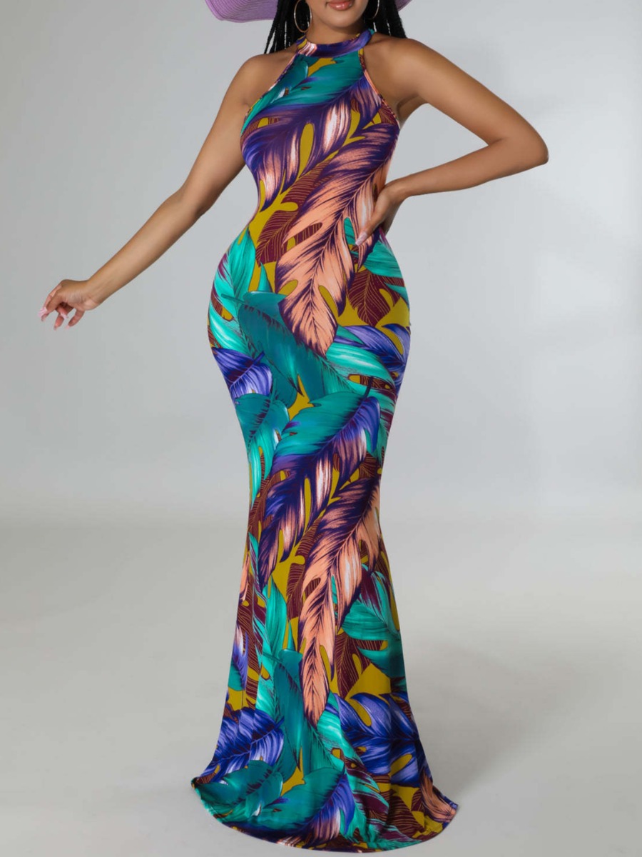 

LW Feather Print Cut Out Mermaid Dress, Multi