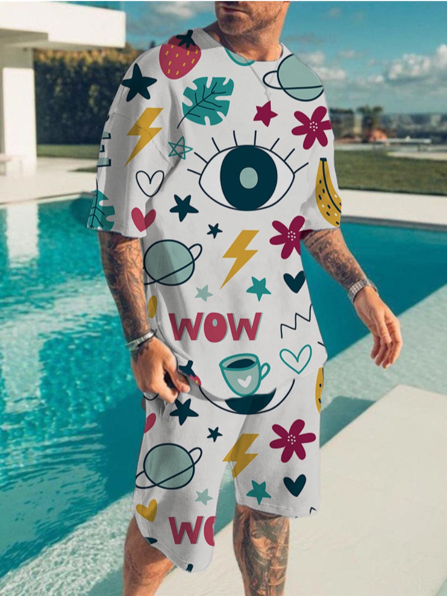 

LW Men Star Eye Fruit Print Shorts Set, White