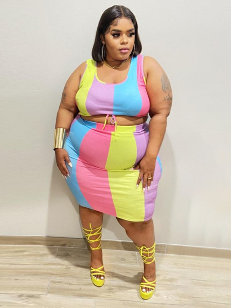 LW Plus Size Cami Rainbow Striped Bandage Design Skirt Set