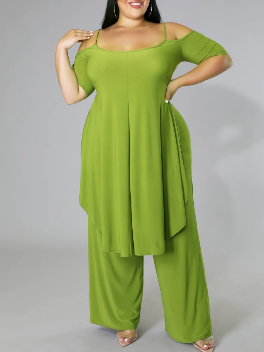 

LW Plus Size Off The Shoulder Long Front Short Back Pants Set, Green