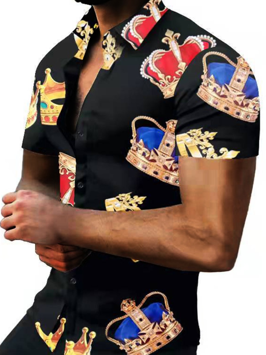 

LW COTTON Men Crown Print Patchwork Shirt, Black