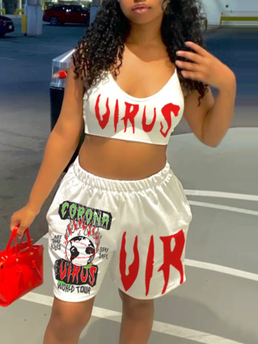 

LW COTTON Crop Top Letter Print Shorts Set, White