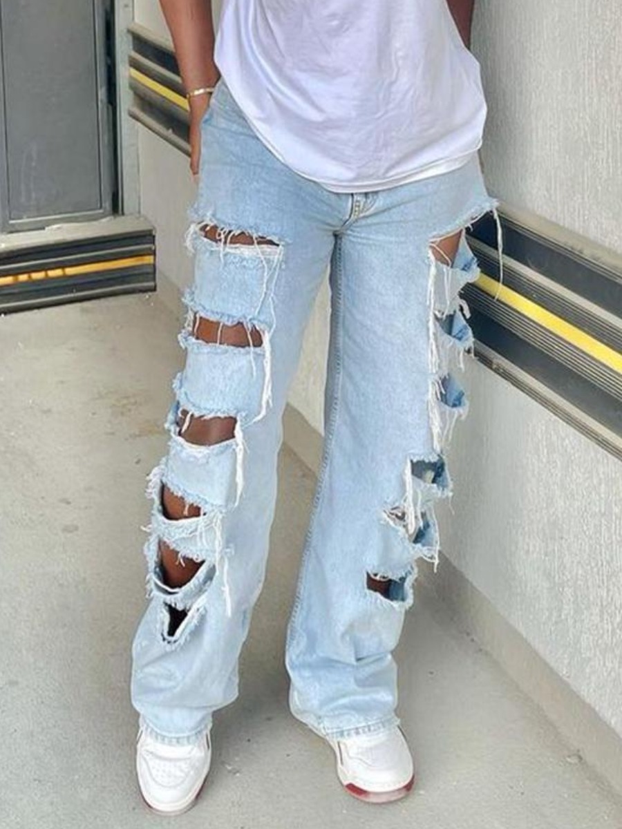 

LW Mid Waist Ripped Straight Jeans, Baby blue