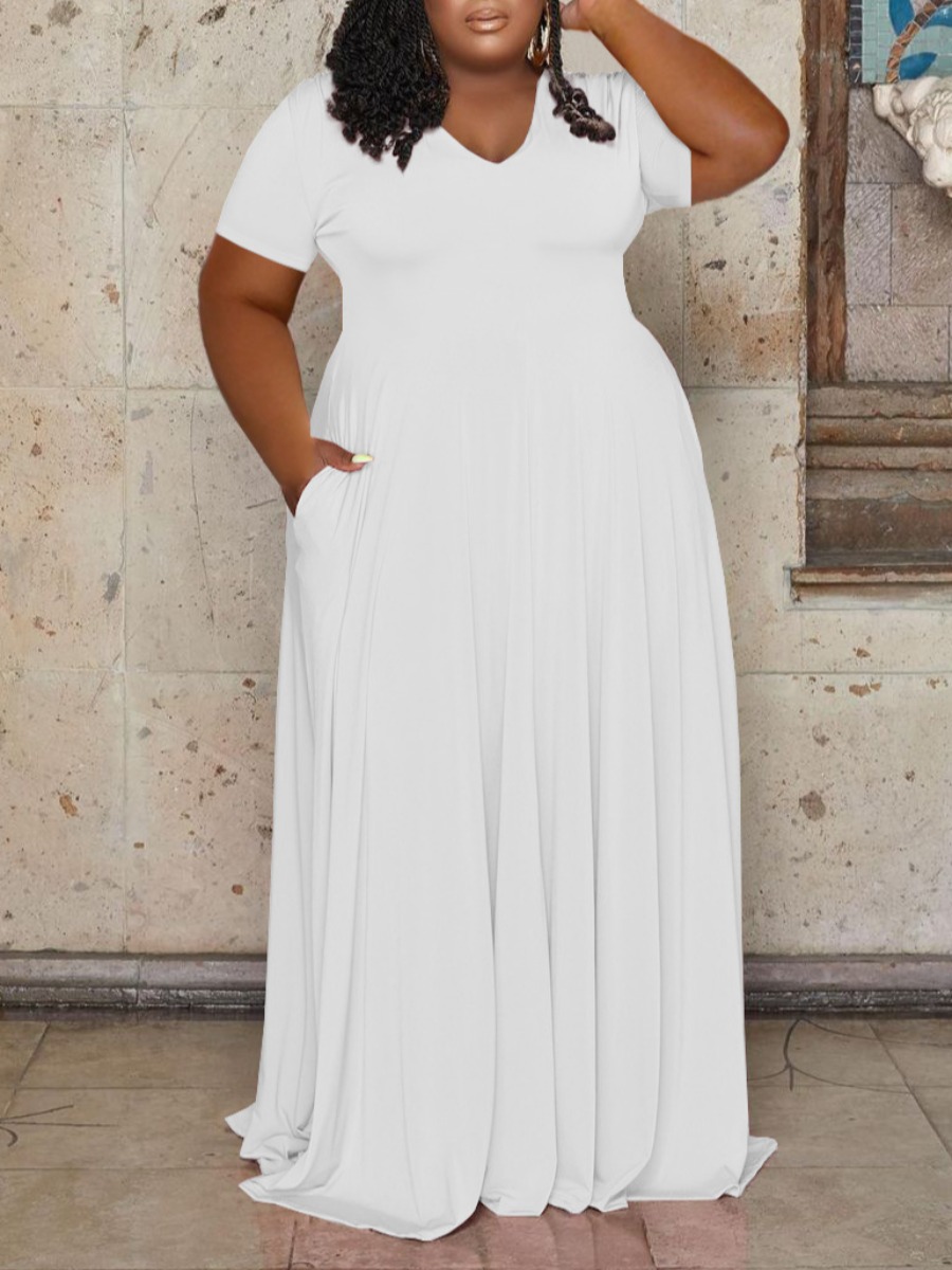 

LW Plus Size Solid Color Stretchy Pleated Dress, White
