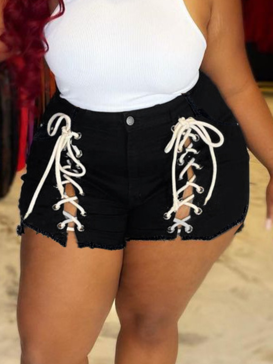 

LW Plus Size Bandage Design Raw Edge Denim Shorts, Black