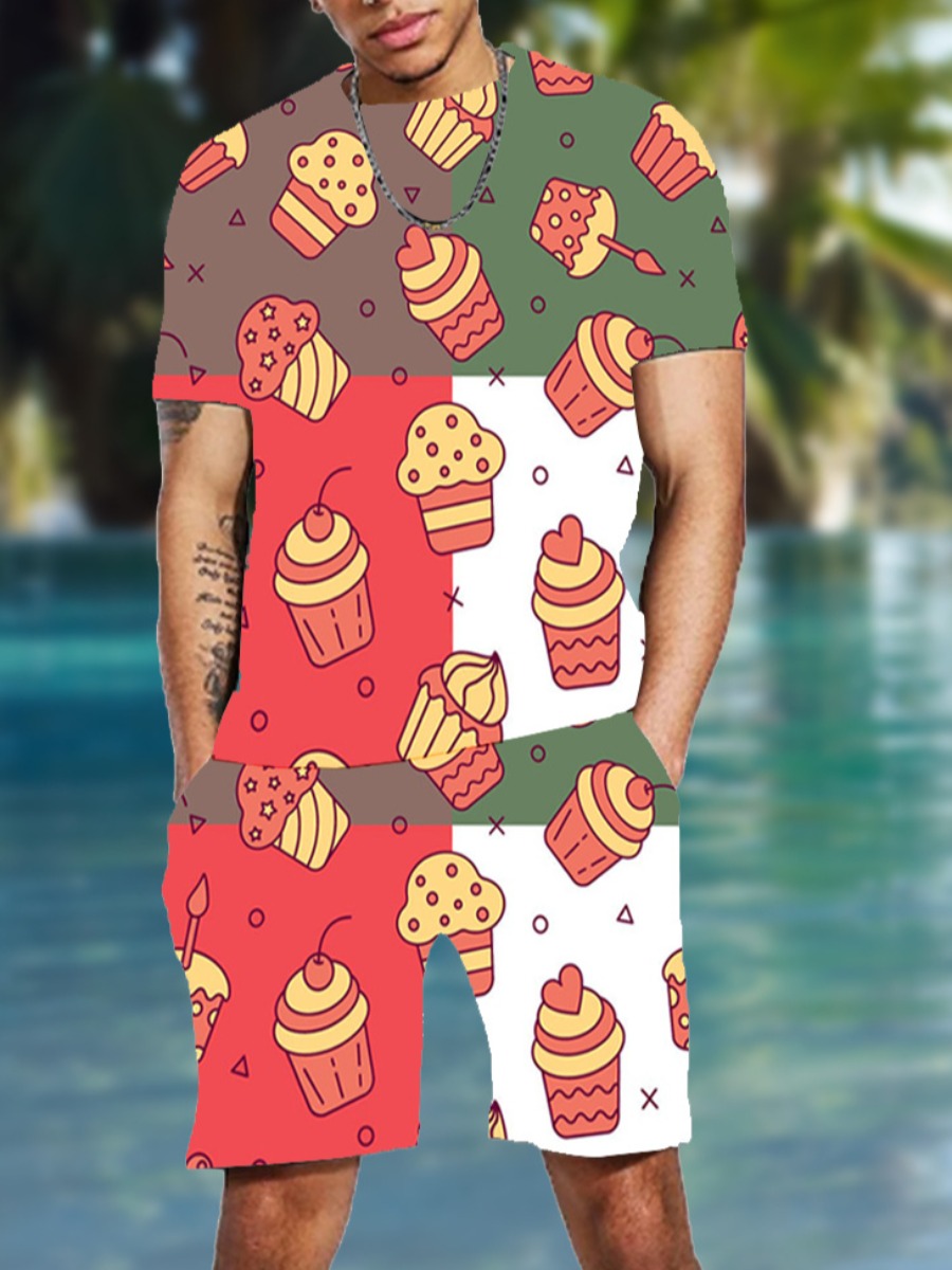 

LW Men Ice Cream Print Patchwork Shorts Set, Multi