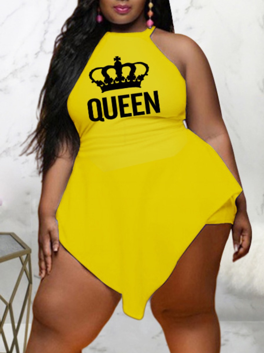 

LW BASICS Plus Size Queen Letter Print Romper, Yellow