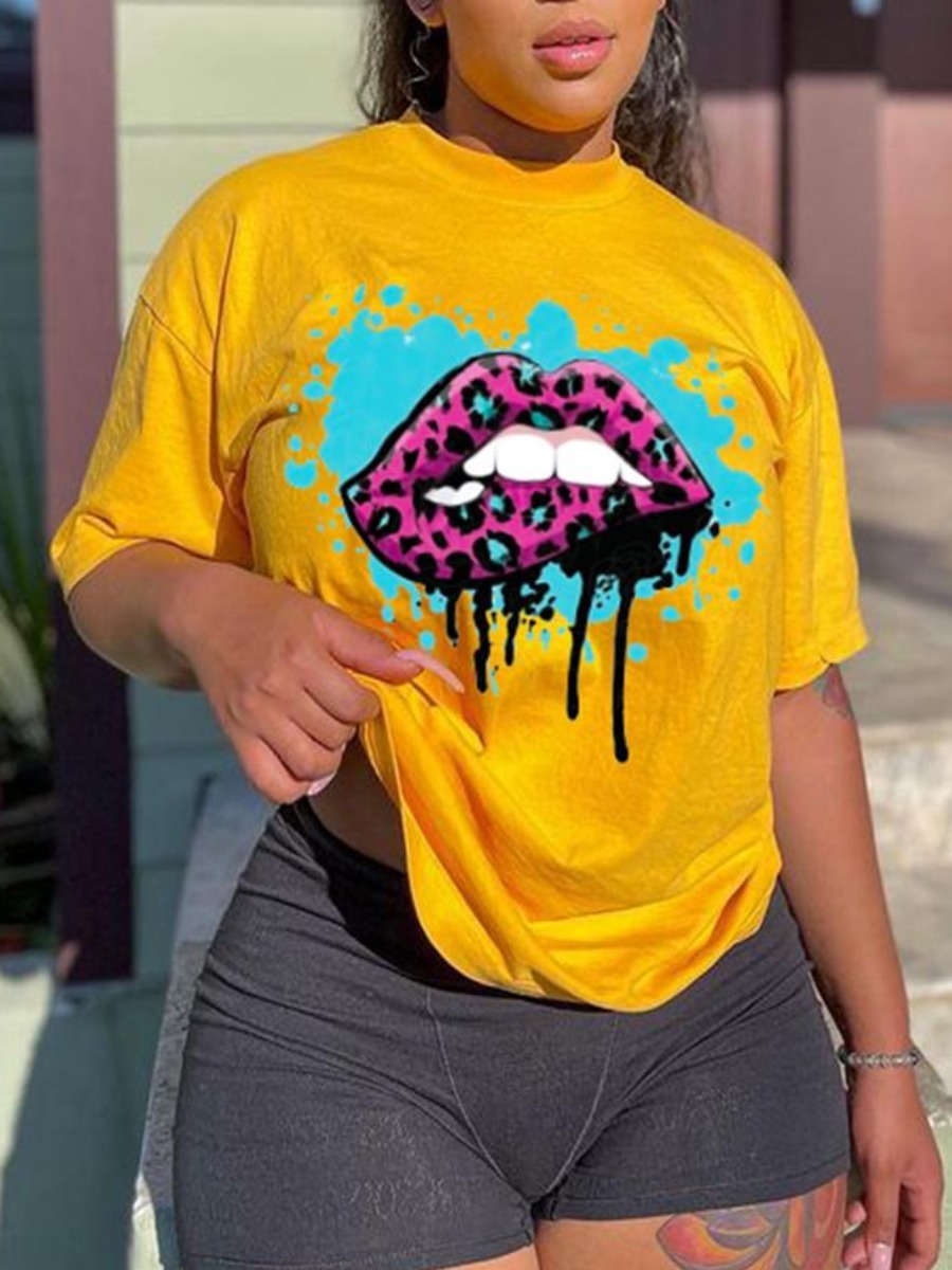 

LW Plus Size Leopard Lip Print T-shirt, Yellow