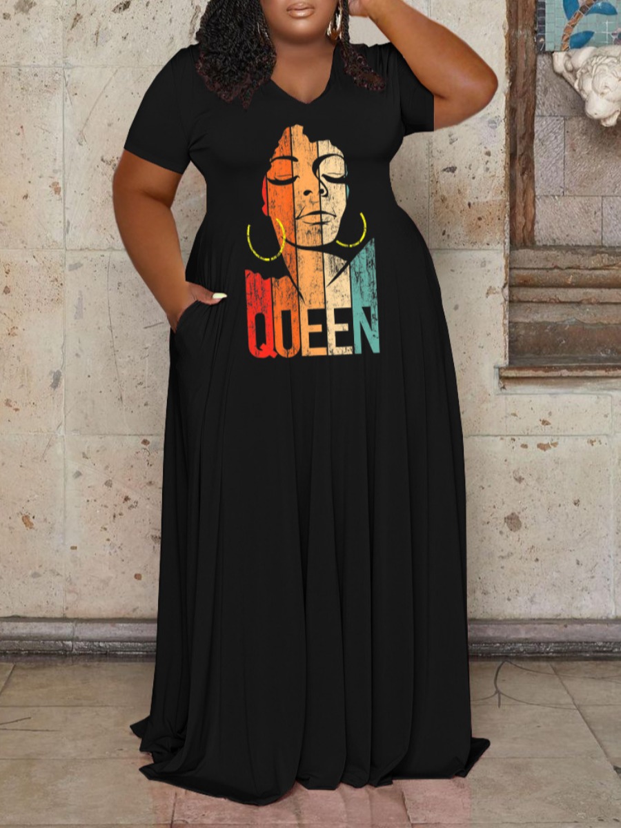 

LW Plus Size Figure Letter Print Pocket Design Dress, Black