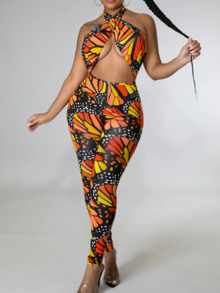 

LW SXY Butterfly Print Backless Skinny Jumpsuit, Multi
