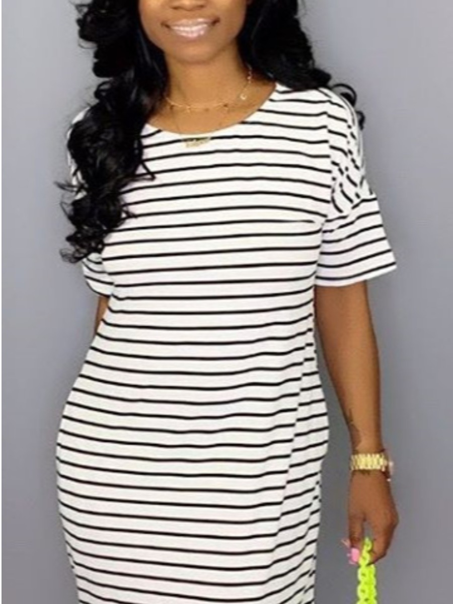 

LW Round Neck Striped Dress, White stripe