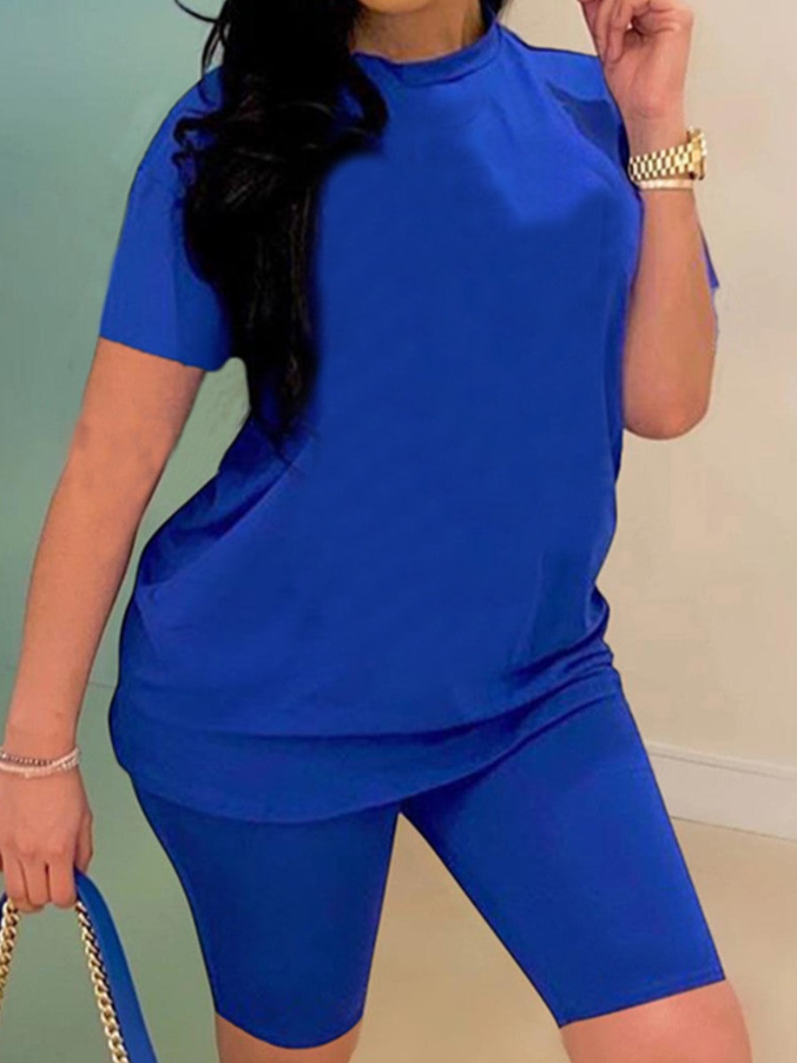 

LW Round Neck Regular Fit Shorts Set, Blue