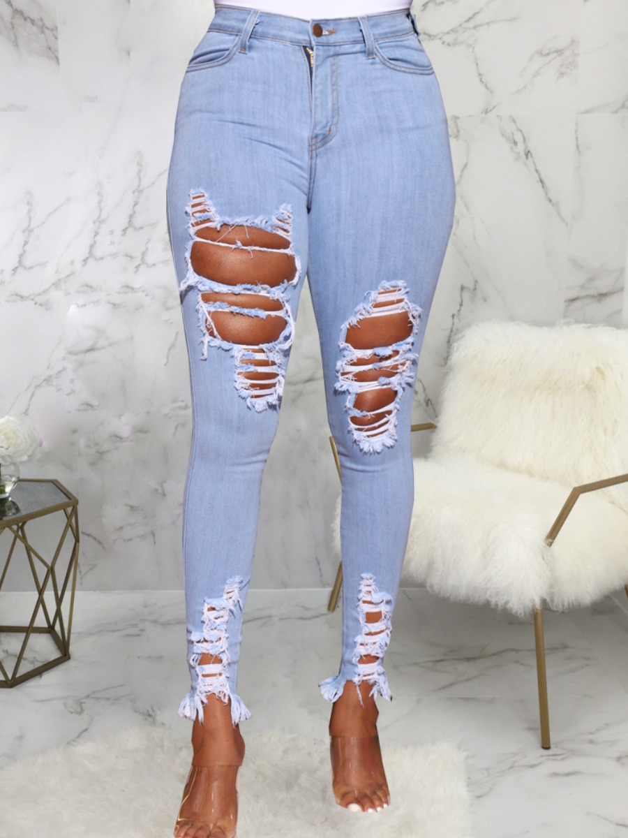 

LW SXY Mid Waist Ripped High Stretchy Jeans, Baby blue