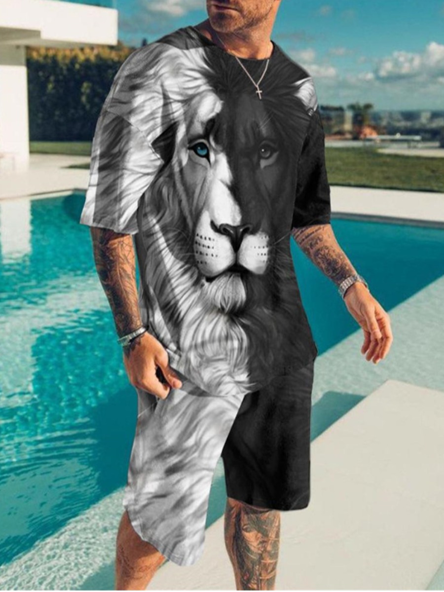 LW Men Round Neck Animal Print Shorts Set