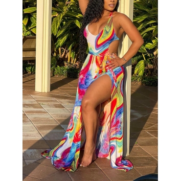 

LW SXY Tie-dye Backless Thigh Slit Dress, Red