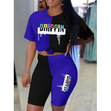 

LW BASICS Drippin Letter Print Patchwork Shorts Set, Blue black