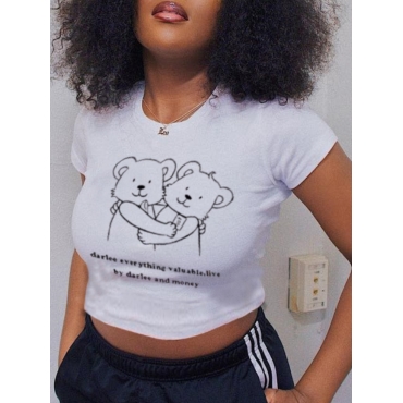 

LW BASICS Crop Top Cartoon Letter Print T-shirt, White