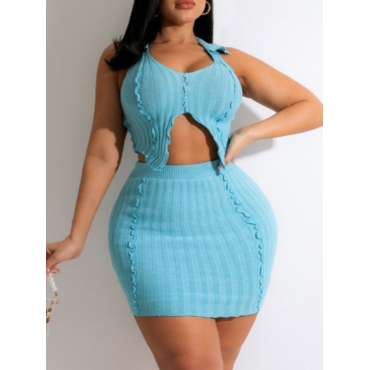 

LW SXY Plus Size Line Stitching Rib-Knit Skirt Set, Baby blue