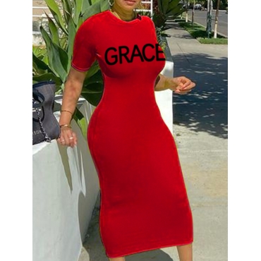 

LW Round Neck Letter Print Bodycon Dress, Red