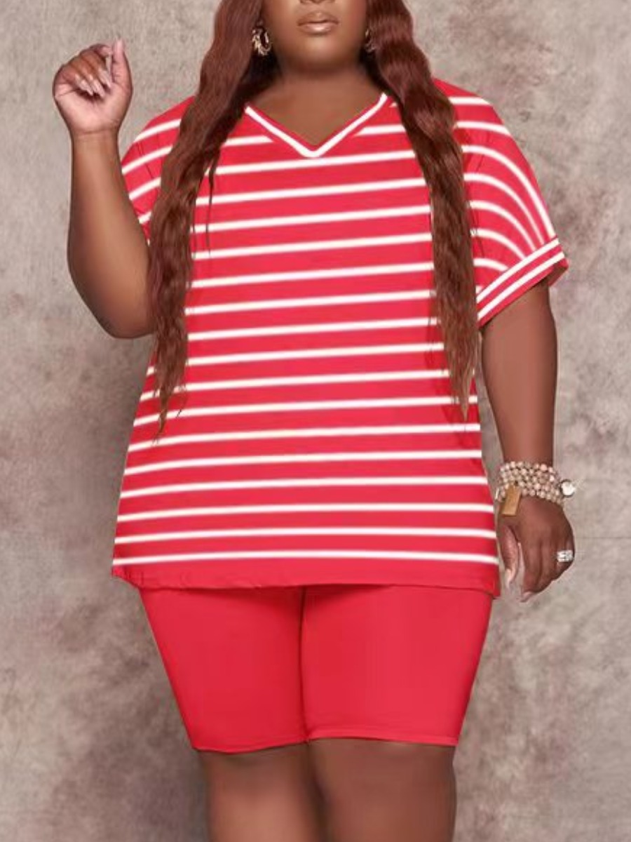 

LW Plus Size Striped Side Split Shorts Set, Red