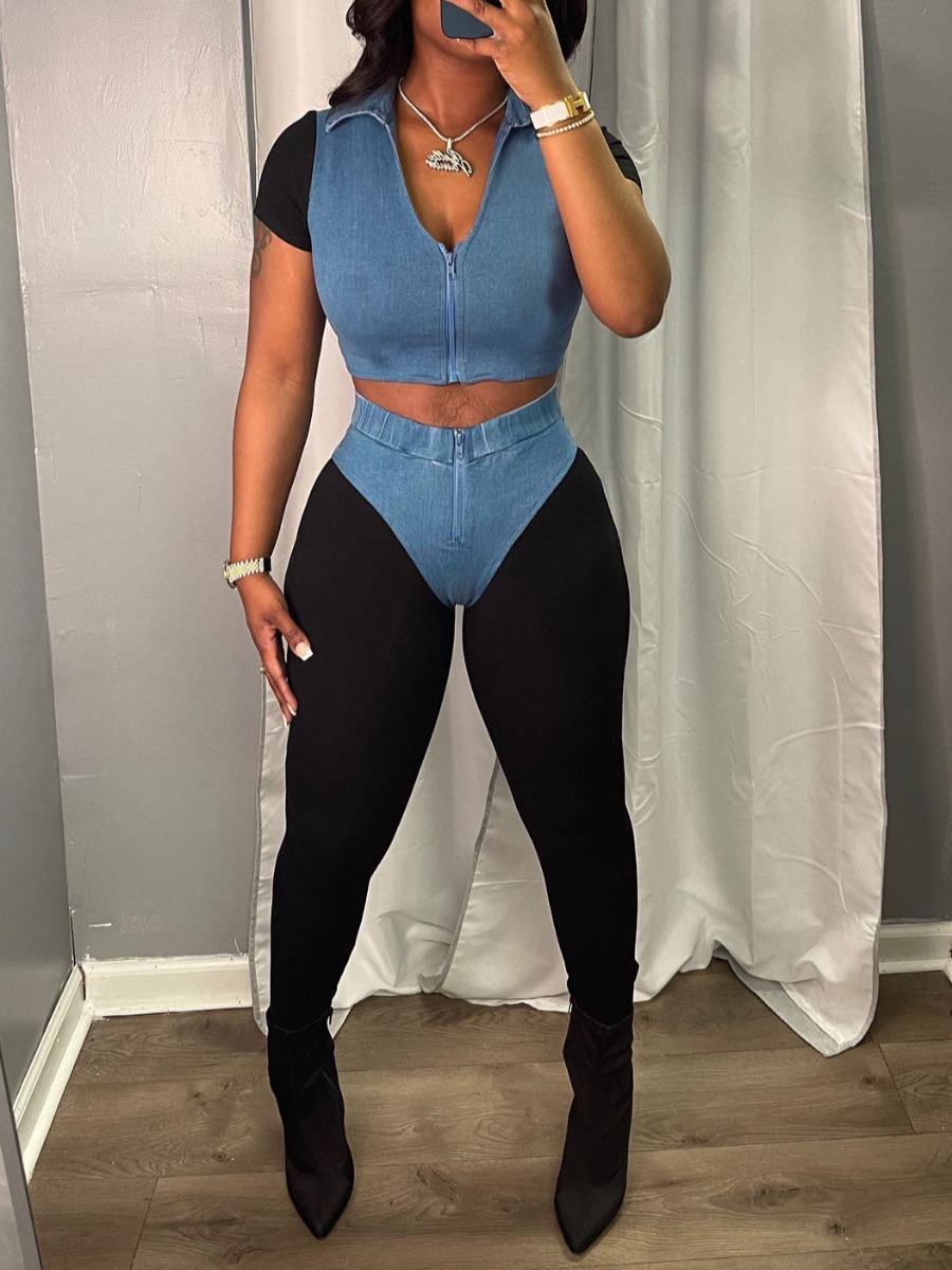 

LW SXY Turndown Collar Crop Top Pants Set, Blue