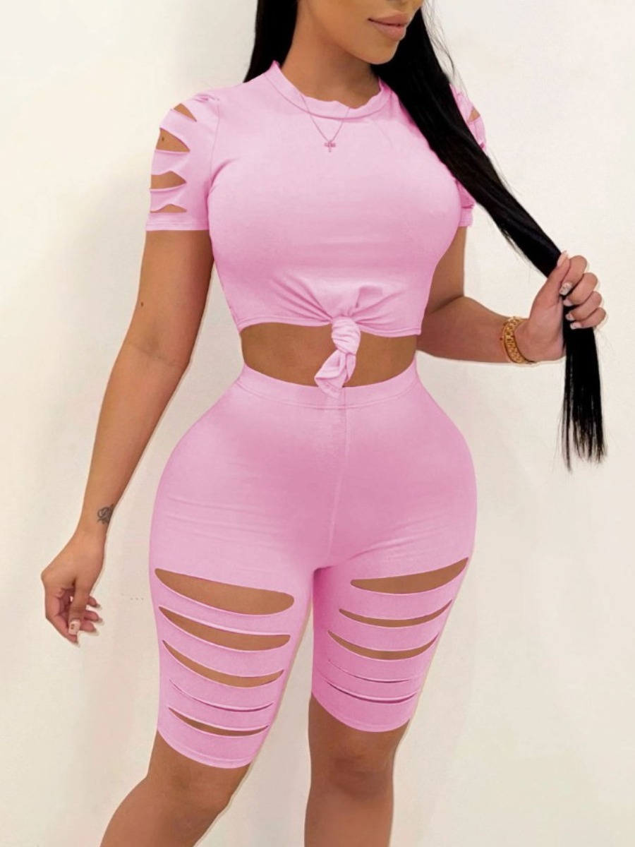 

LW Ripped High-waisted Shorts Set, Pink