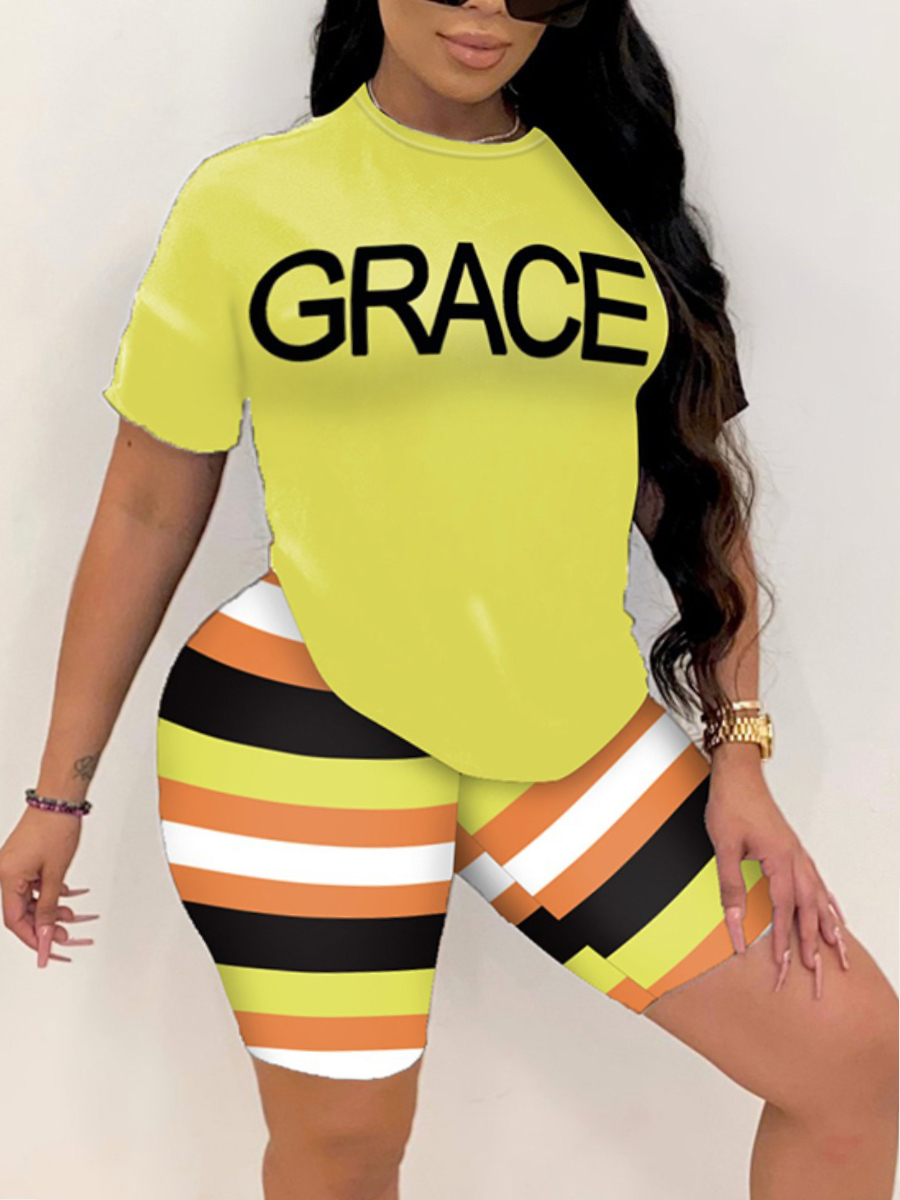 

LW Plus Size Rainbow Grace Letter Print Striped Shorts Set, Yellow