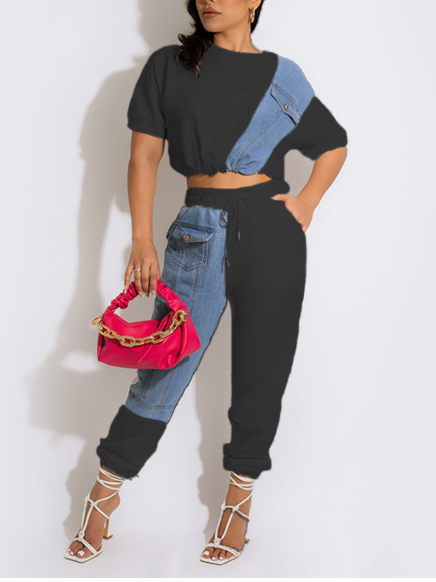 LW Pocket Design Patchwork Denim Pants Set