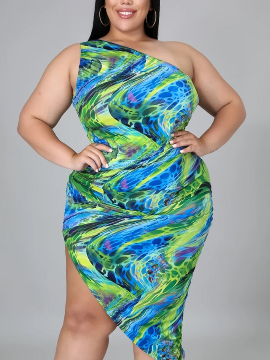 

LW SXY Plus Size One Shoulder Mixed Print Dress, Green