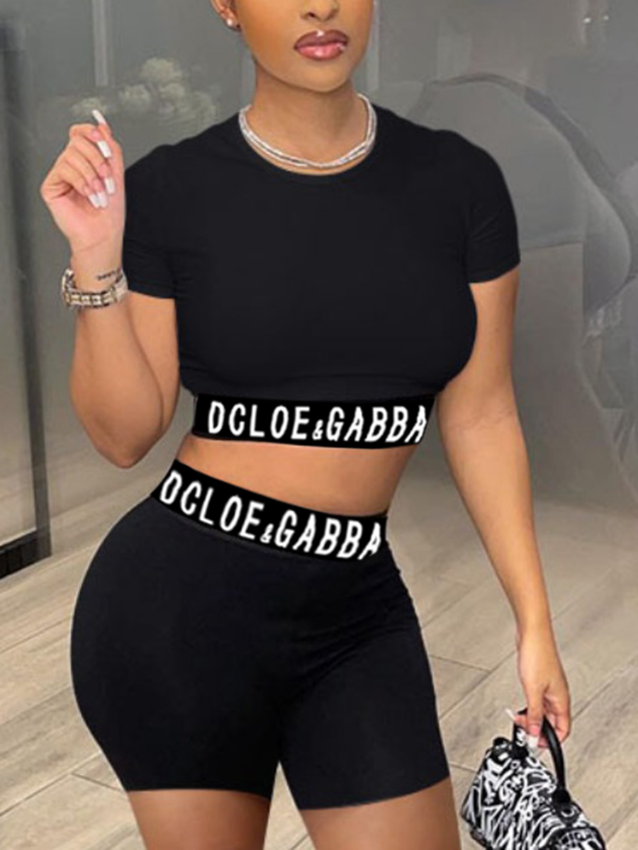 LovelyWholesale Crop Top Letter Print Shorts Set Summer Short Sleeve Casual Basic Round Neck Spring Summer 2024