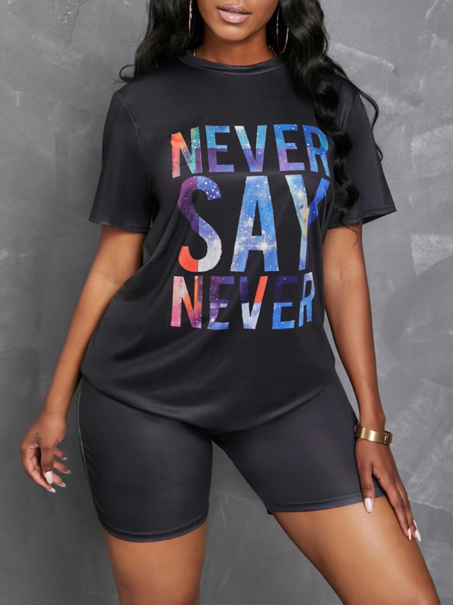 

LW Plus Size Never Say Never Letter Print Shorts Set, Black