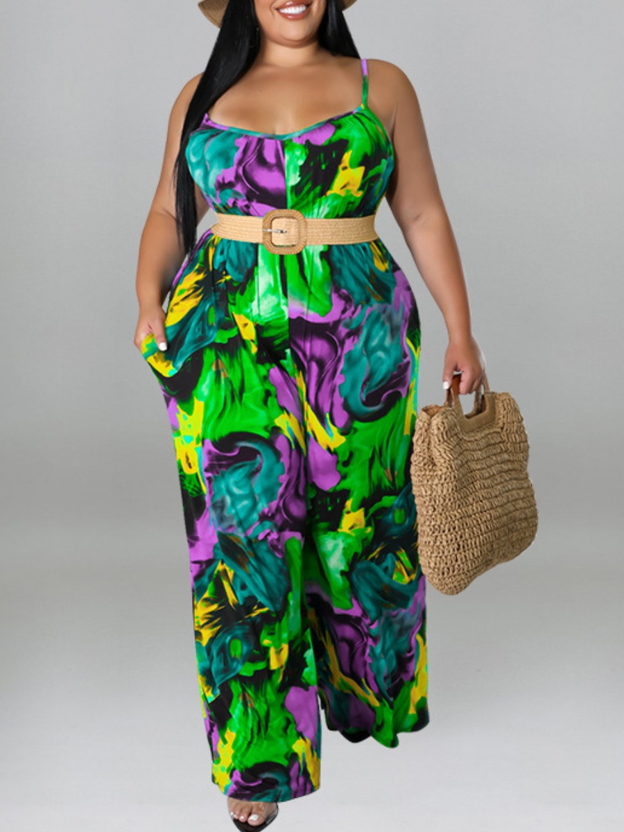 

LW SXY Plus Size Mixed Print Cami Jumpsuit (With Belt), Green