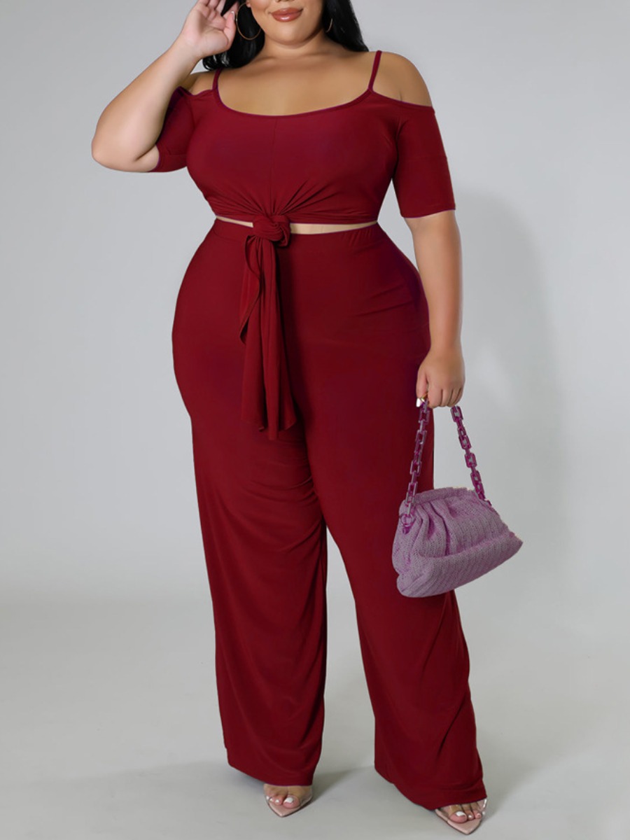 

LW Plus Size Cut Out Front Knot Pants Set, Wine red