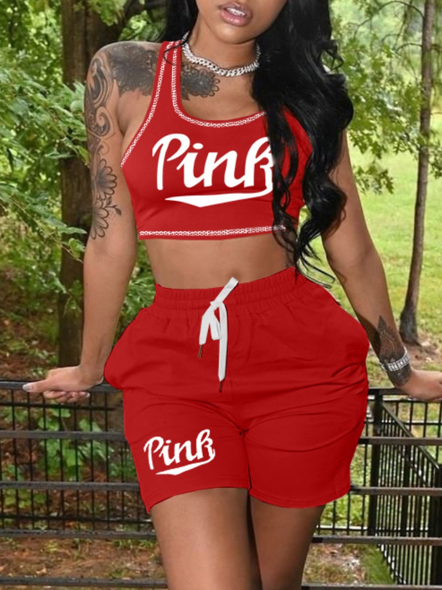 

LW BASICS Print Letter Print Drawstring Shorts Set, Red