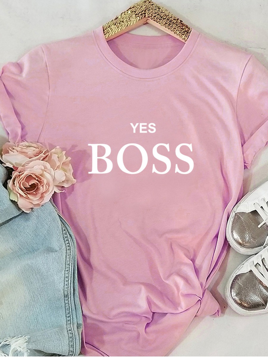 

LW COTTON Plus Size Yes Boss Letter Print T-shirt, Pink