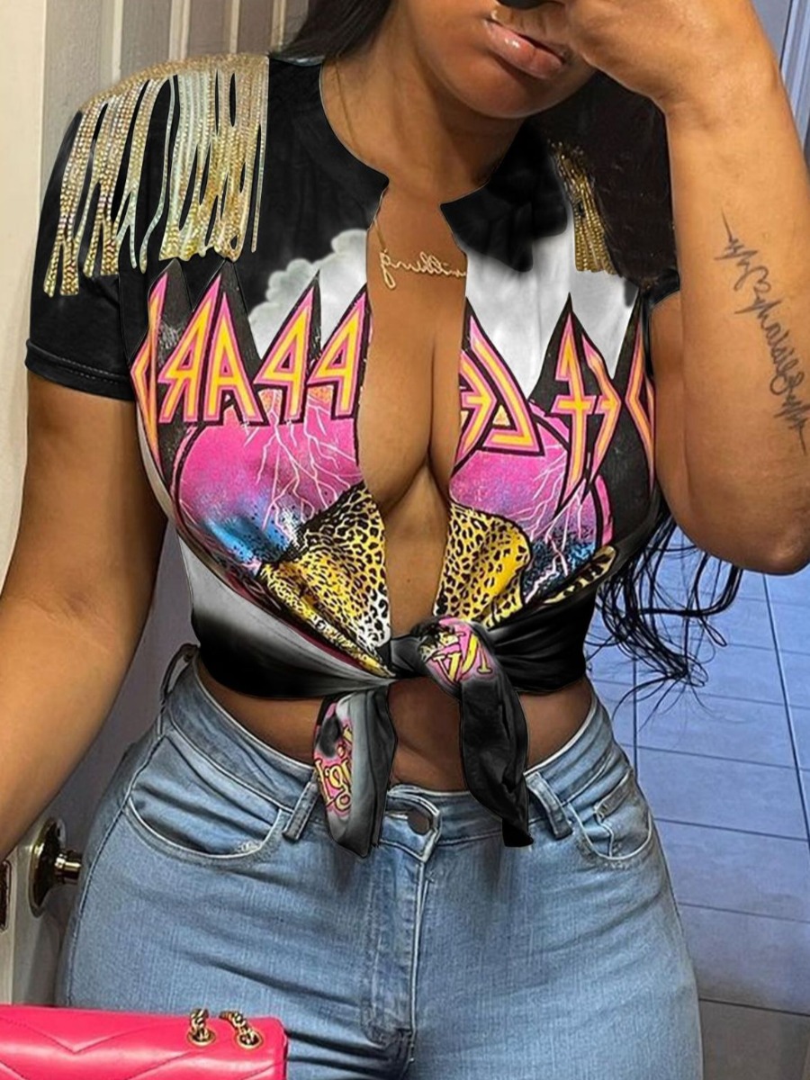 LW Letter Print Split Tassel Lace-up Design T-shirt