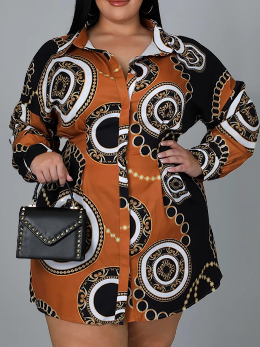 

LW Plus Size Chain Mixed Print Shirt Dress, Brown