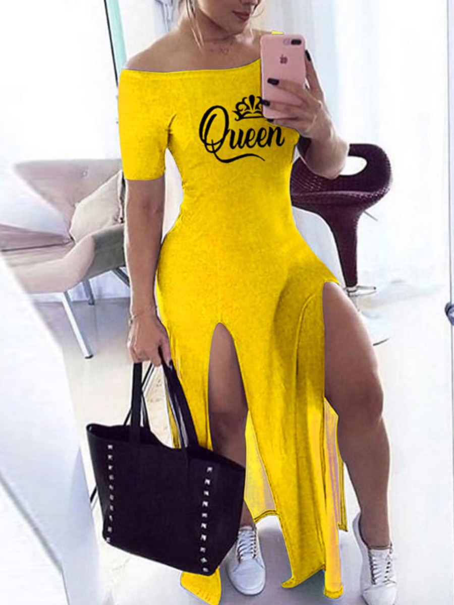 

LW Off The Shoulder Queen Letter Print Split Dress, Yellow