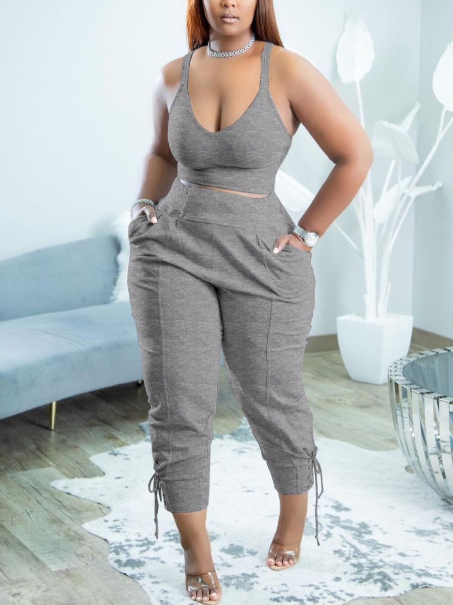 

LW Plus Size Cami Bandage Design Pants Set, Grey