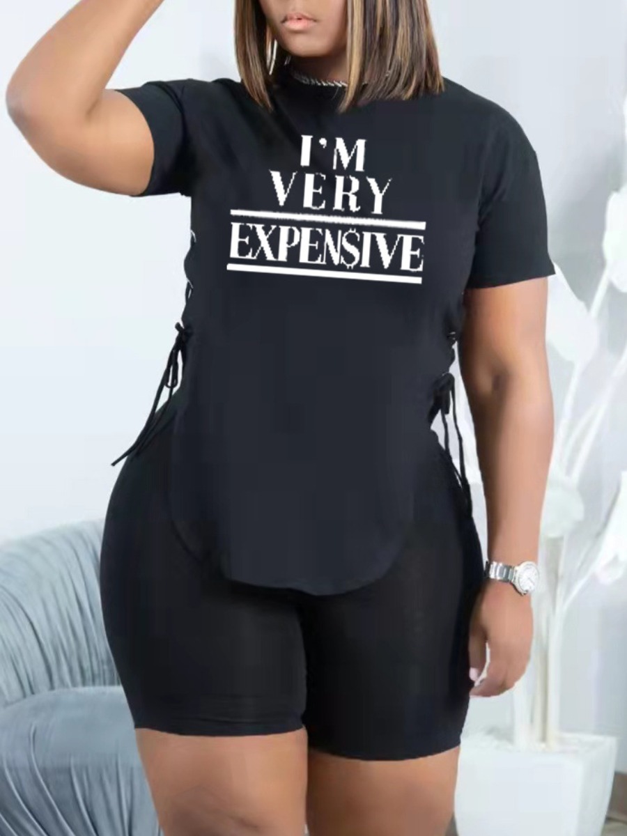 

LW Letter Print Side Split Shorts Set, Black