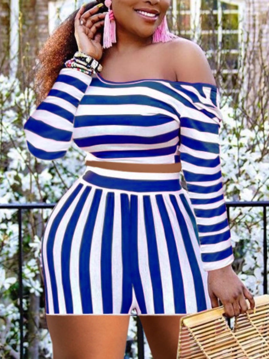 

LW Plus Size Off The Shoulder Striped Skirt Set, Blue