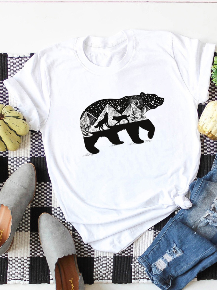 

LW COTTON Plus Size Round Neck Panda Print T-shirt, White