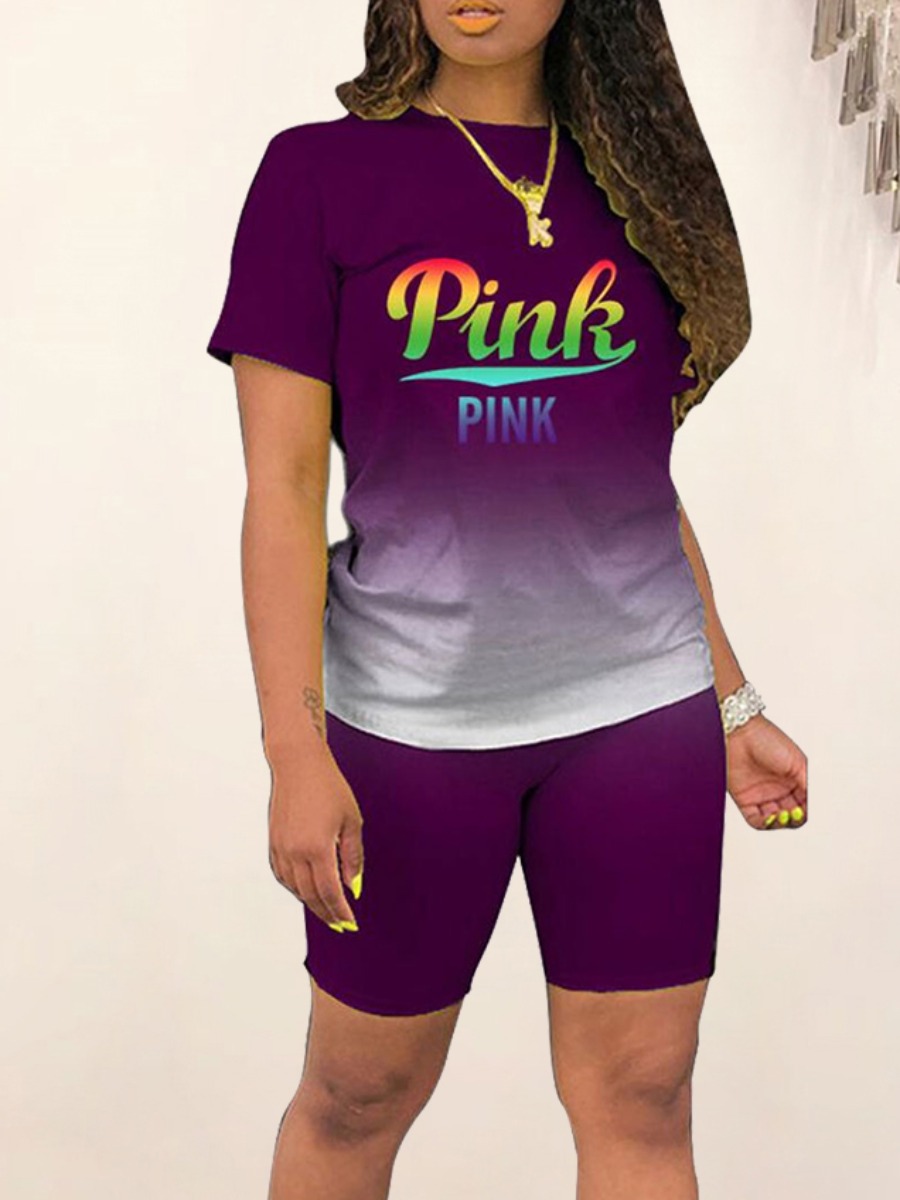 

LW Plus Size Pink Gradient Letter Print Shorts Set, Multi