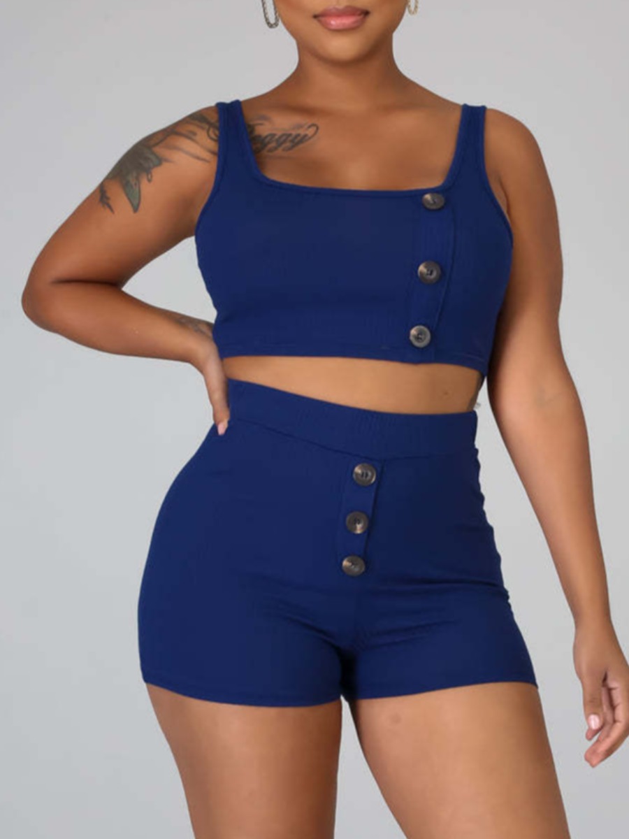 

LW Crop Top Button Design Shorts Set, Blue