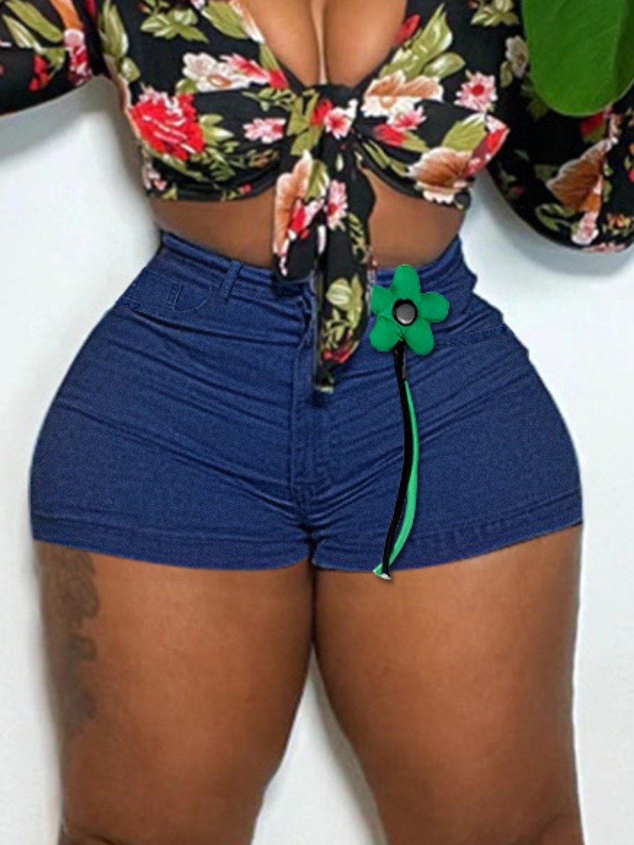 

LW Zip Fly Floral Brooch Decor High Waist Denim Shorts, Deep blue