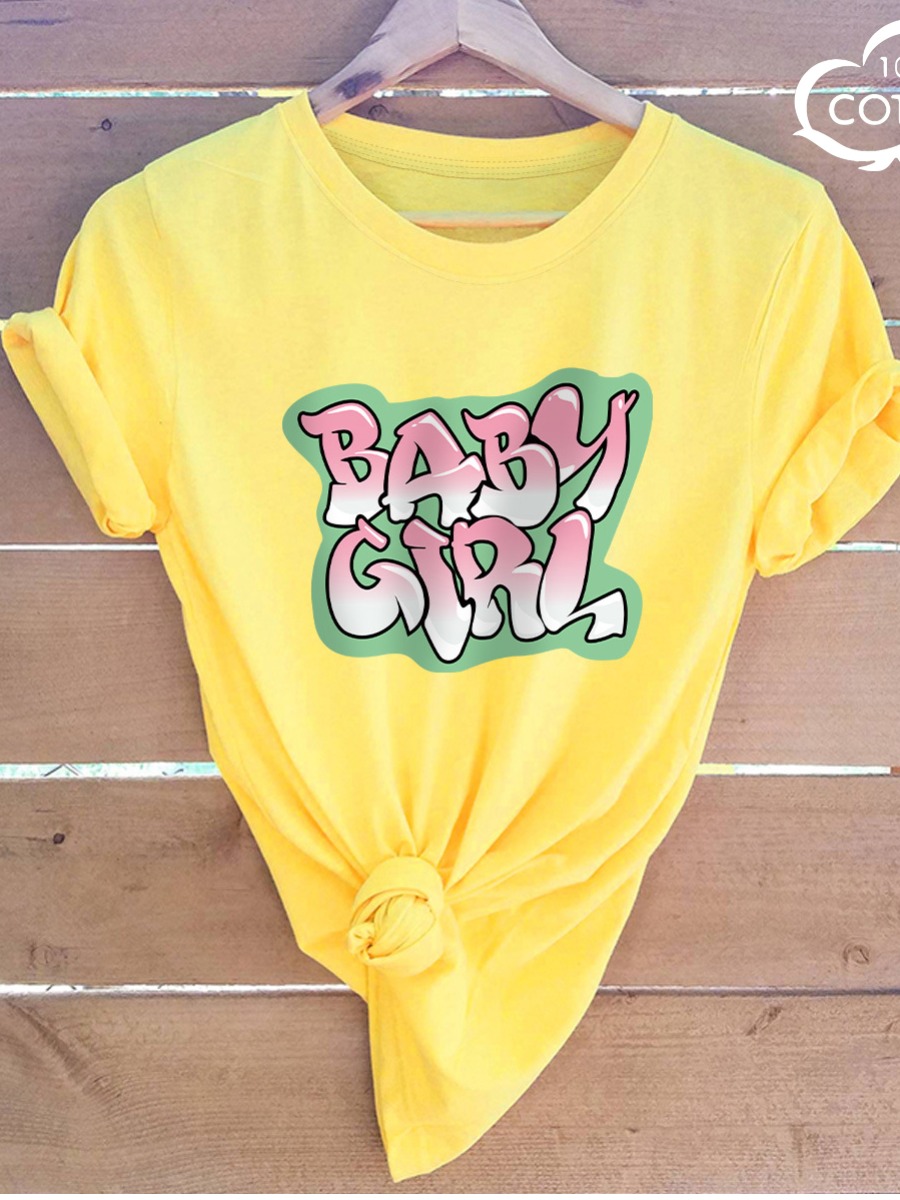 

LW COTTON Plus Size Baby Girl Letter Print T-shirt, Yellow