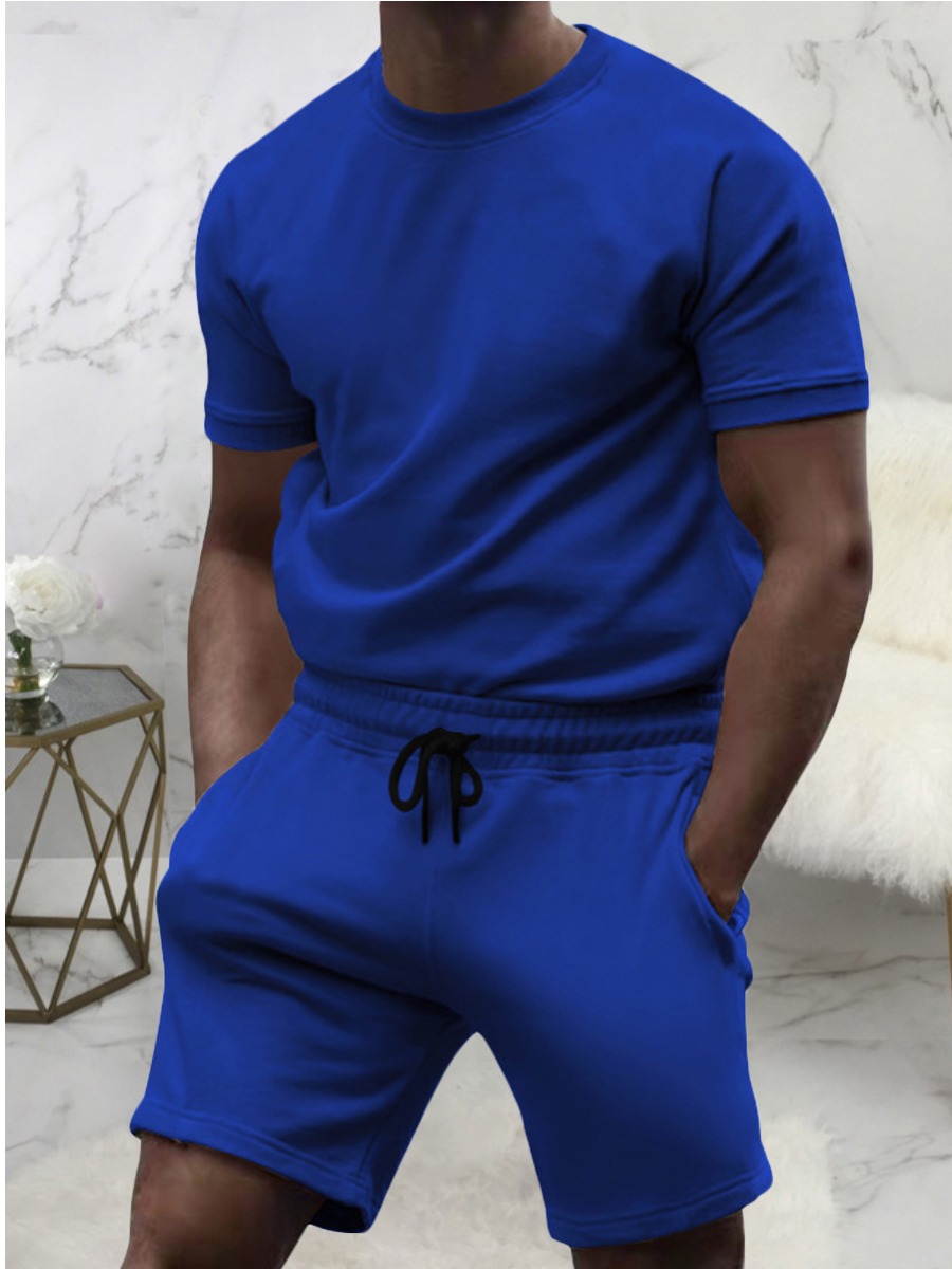 

LW COTTON Men Round Neck Drawstring Shorts Set, Royalblue