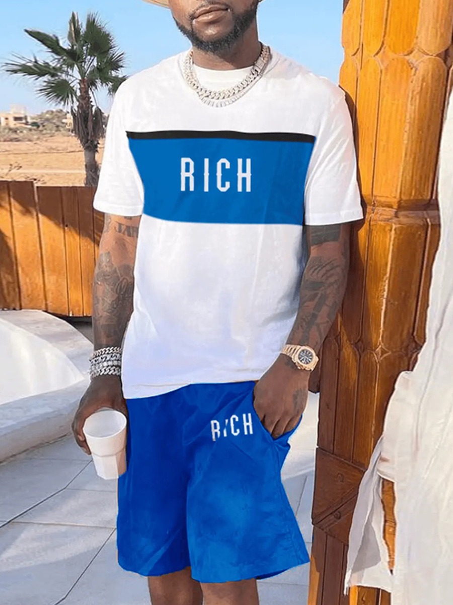 

LW Men Rich Letter Print Drawstring Shorts Set, Blue