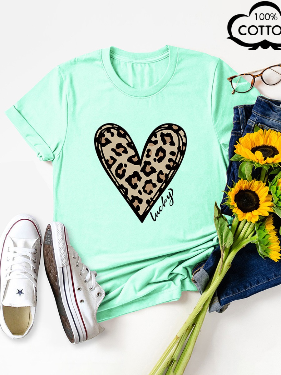 

LW COTTON Plus Size Leopard Letter Print T-shirt, Green